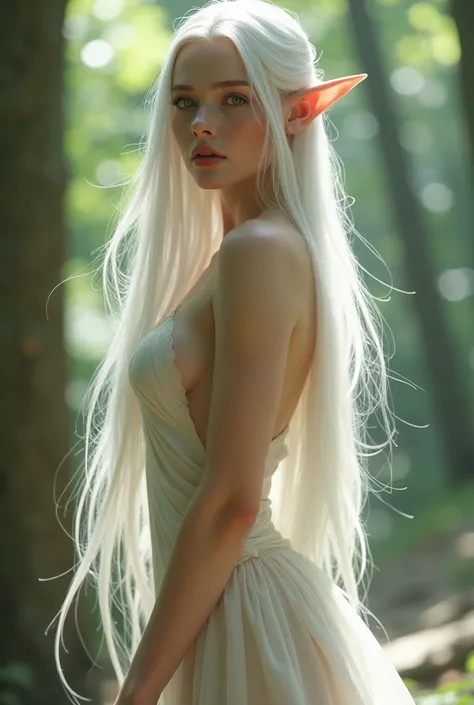 Elf woman, white hair, slim waist, very detailed full body, very realistic. Nude