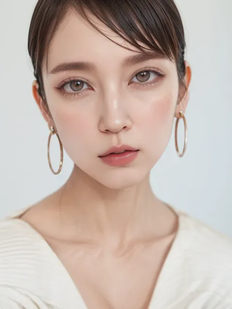 1girl, solo, looking at viewer, short hair, bangs, brown hair, holding, brown eyes, jewelry, earrings, parted lips, mole, lips, makeup, lipstick, portrait, hoop earrings, cosmetics, lipstick tube