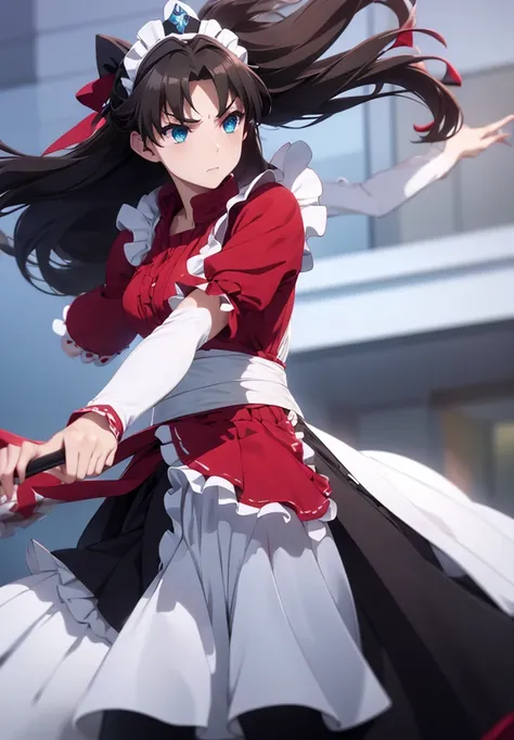 rintohsaka, rin tohsaka, long hair, black hair, two side up, aqua eyes, bow, hair bow, BREAK thighhighs, dress, frills, black thighhighs, zettai ryouiki, long sleeves, maid, maid headdress, red dress, BREAK outdoors, snow, BREAK looking at viewer, (cowboy ...