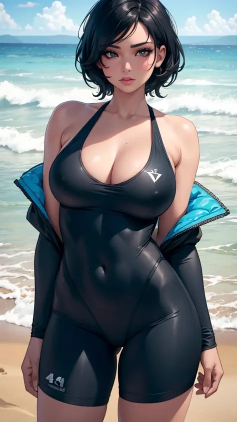 a woman with a good body, short black hair, wearing a competitive swimsuit, on the beach, (best quality,4k,8k,highres,masterpiece:1.2),ultra-detailed,(realistic,photorealistic,photo-realistic:1.37),beautiful detailed eyes,beautiful detailed lips,extremely ...