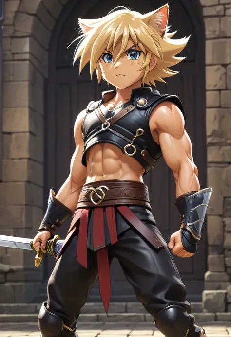 young, blonde, cat ear, (12, sweating), trained abdominal muscles, chiseled pectoral muscles, 真swordな表情, ((3d anime art style)),...