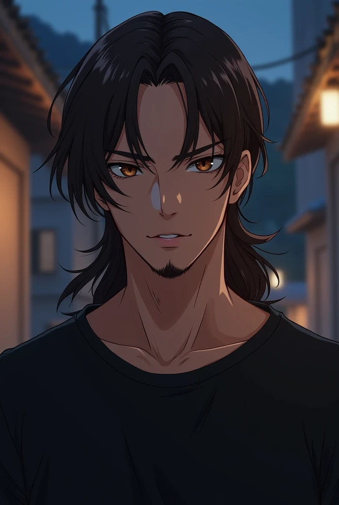 Make a male anime character, dark brown eyes and long brown hair, with a goatee and a black t-shirt.