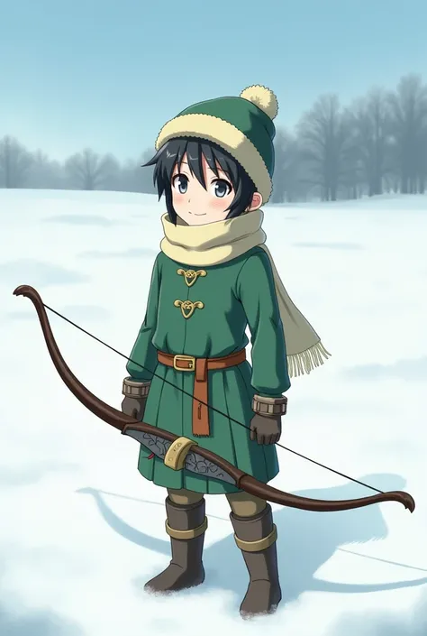 Create a character from fire emblem. An kid archer in green with black hair and grey eyes, who is standing in a snow field. he is smiling and wear cap and scarf 