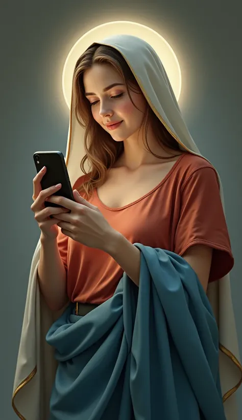 A very beautiful modern Virgin Mary  , Reddish beige T-shirt with blue cloak and veil, Halo, Taking a selfie with a smartphone, A faint smile