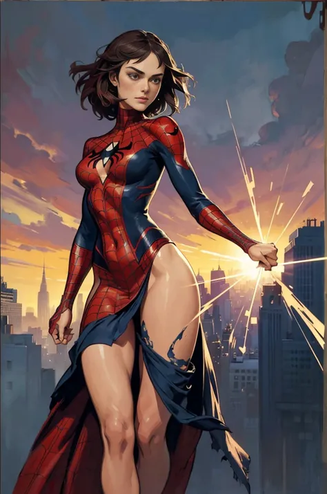 Keira Knightley、stick out the navel、new york、wearing a torn spiderman suit、Wearing a skirt、Abstract and realistic、Artistic、Alphonse Mucha paintings（masterpiece、Highest quality、High resolution：1.4）、detailed、Exquisite detail、4K、Splashes of color、Line art、Fib...