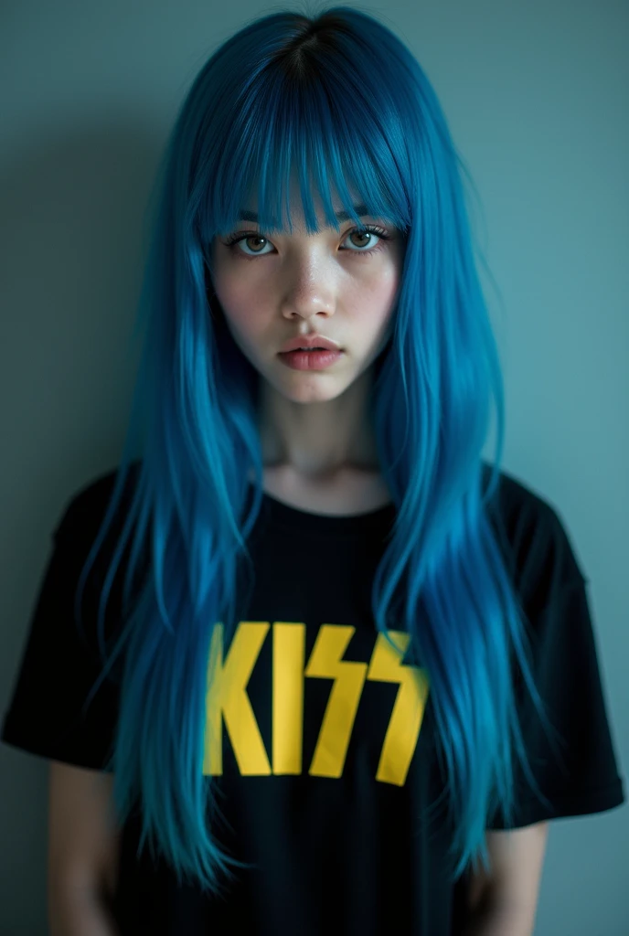  girl, long straight completely blue colored hair , she wears a long black t-shirt with KISS written in yellow, closeup 