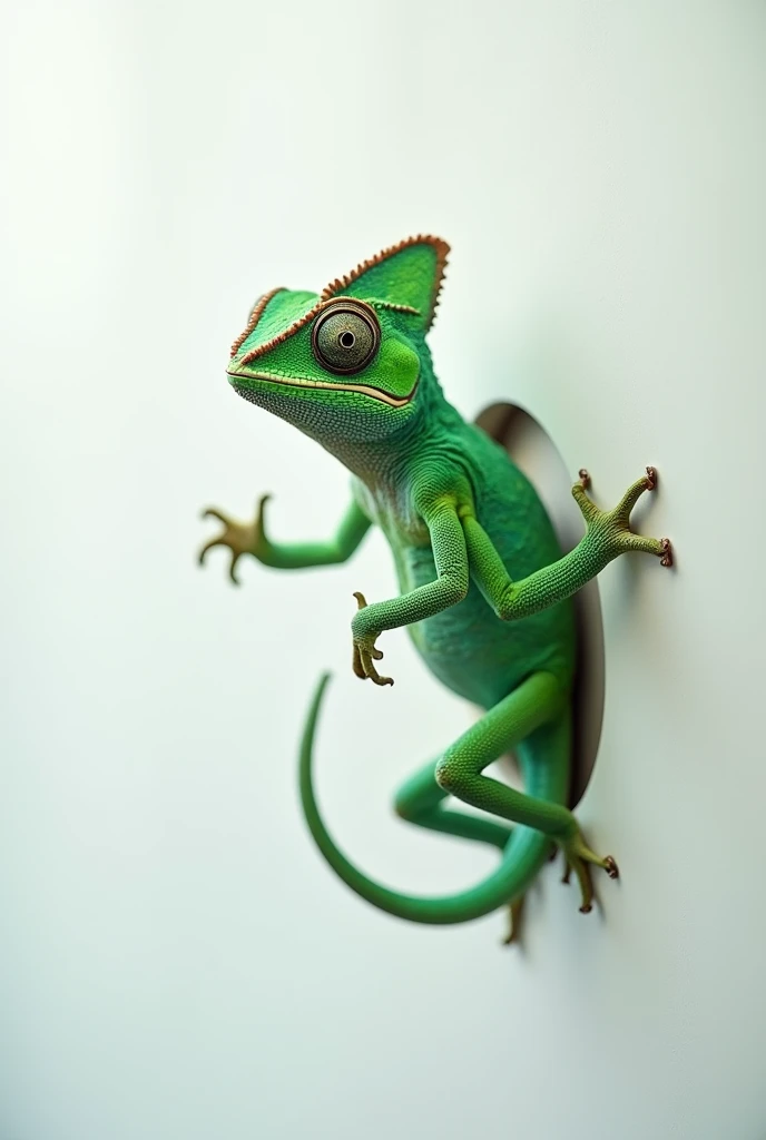 Make a green chameleon coming out of a whiteboard for a 1024x1024 website
