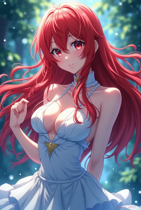 Anime art style, dramatic and enchanting transformation, character Rias Gremory, striking red hair flowing like a crimson wave, elegant magical aura enveloping her, intricate details capturing her essence, showcasing shifting features from original form to...