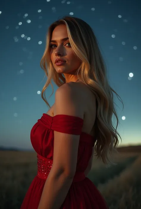 A natural woman, full Body View, curvy figure, ((hyperrealism)) , Blonde hair with light brown roots, straight blonde hair, very long hair, lovely expression, beautiful, Front view, full body, in wearing a evening Dress, photo under the night Sky, high qua...