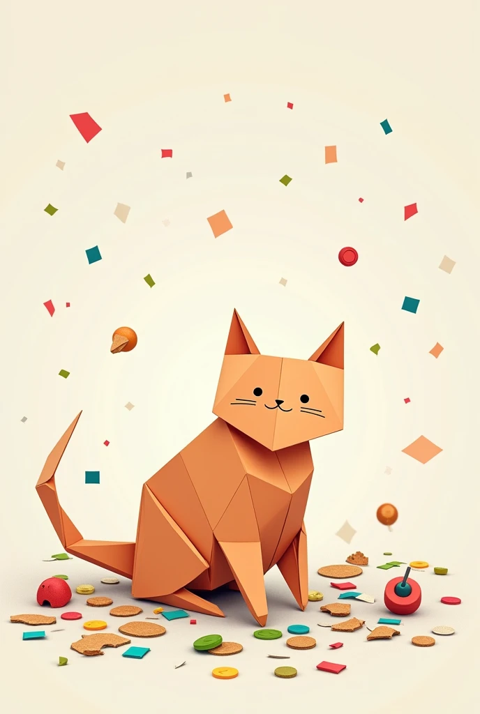 Create an origami cat image that has craft supplies either confetti or paper.,carton,paper,plastic,etc..
It has to look simple