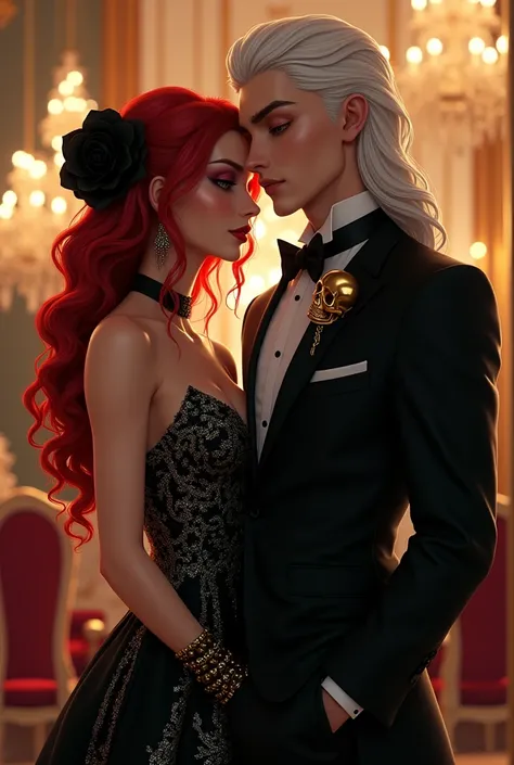 A couple is attending a lavish gala in a grand, opulent mansion. The woman is a young lady with peach skin and long, wavy red hair. She is wearing a striking black and silver evening gown adorned with a black rose in her hair, exuding elegance and confiden...