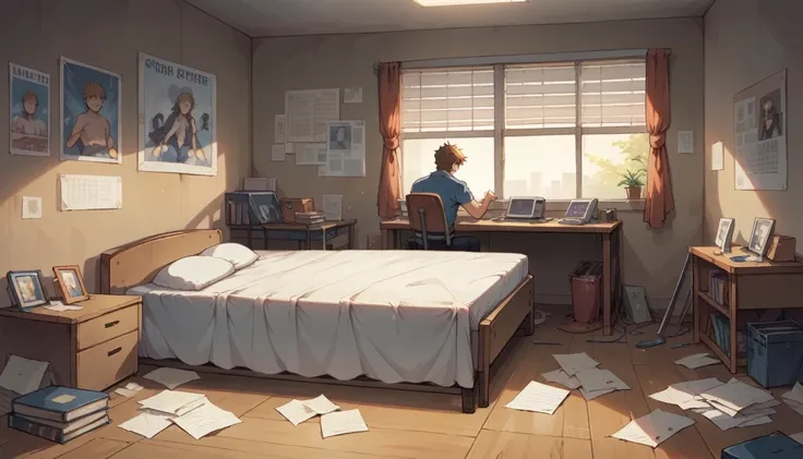 "A slightly messy teenage boys bedroom, designed for a visual novel setting. The room features a single bed with rumpled sheets in one corner, and next to it, a small wooden desk cluttered with books, papers, and a few personal items. On the desk sits a mo...