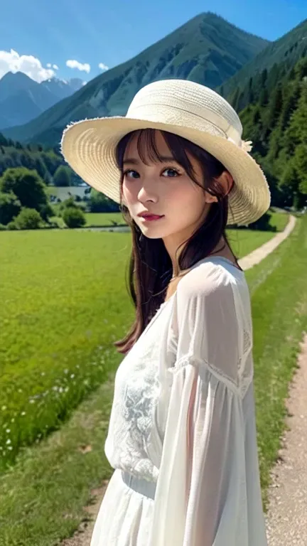 Background、Wide countryside、In the middle where you can see the mountains、White Dress、The image of a beautiful woman wearing a white hat with a large brim is reminiscent of the Ghibli anime.