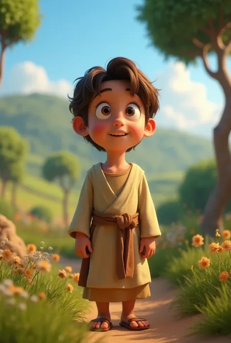 A 3D movie poster in Disney-Pixar style of Jesus as a  boy