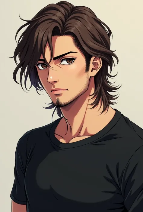 Make a male anime character, dark eyes and long brown hair, with a goatee and a black t-shirt.