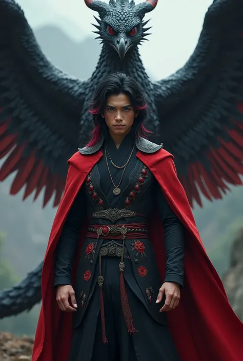 A 1 American teenage warrior man prince.

Her medium black hair with red tips and her blue eyes.
The prince&#39;s clothing must be black with red. Behind him is a black dragon phoenix..
Must have American features. 