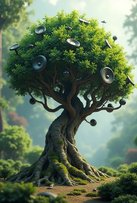 An imaginative tree with roots like thick audio cables, a sturdy stem designed as a speaker, and branches that fan out with leaves shaped like miniature speaker cones, all creating a harmonious audio theme.”