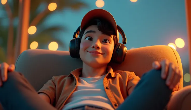 A young man named Xiao Remix is enjoying music in a relaxed manner. He is wearing large headphones, possibly over-ear, to experience the music more clearly. On his head, he has a hat, which could be a baseball cap or a beanie, adding to his personal style....