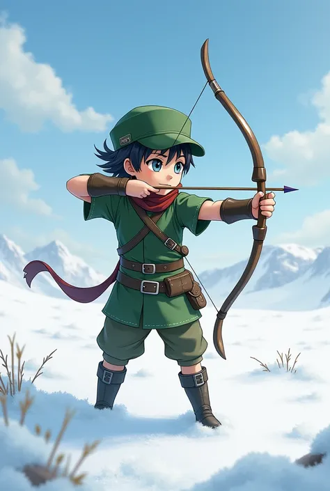 Create a character from fire emblem. An kid archer in green with black hair and grey eyes, who is standing in a snow field, ready to shoot. he wear cap and scarf like a ranger. his hair is the ame style as cyril from fire emblem