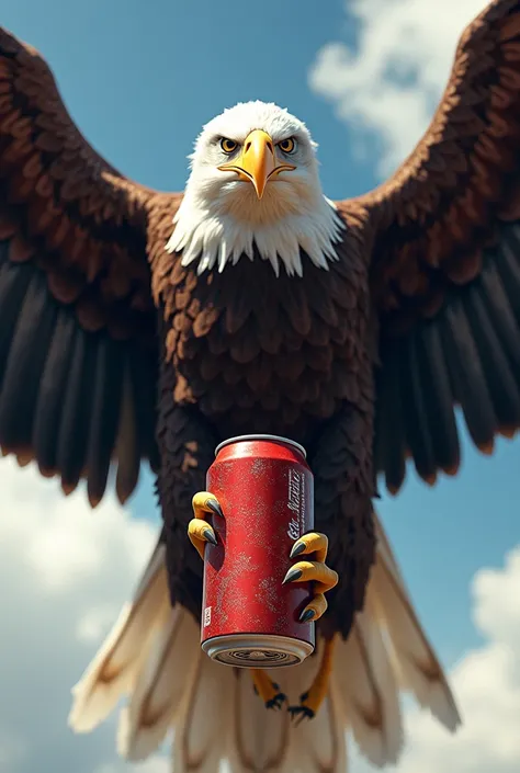 eagle holding a can in its paws