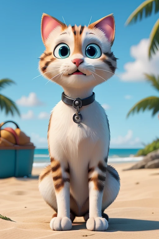 Create a 1-minute video of an artificial intelligence cat going to the beach 