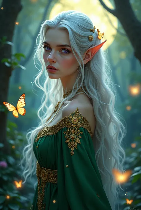 Surreal portrait of Sofina, an enchanting elven sorceress with flowing silver hair, intricate emerald and gold robes adorned with ornate patterns, standing in a mystical forest illuminated by moonlight, ethereal mist curling around her, close-up compositio...