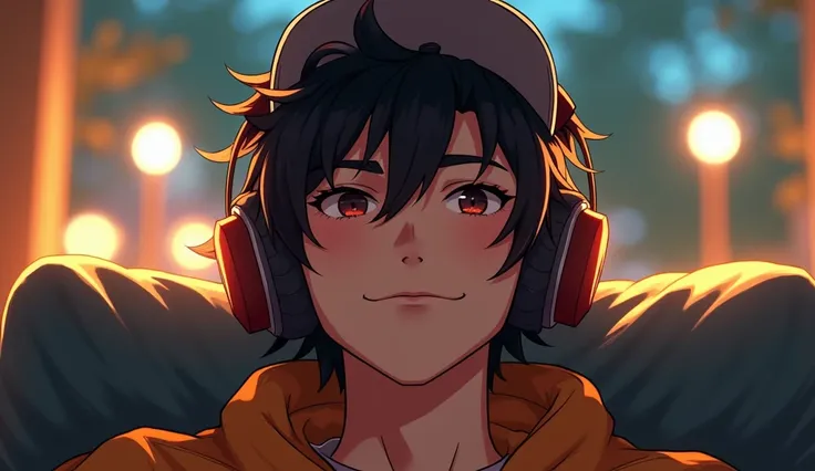 A young man named Xiao Remix is enjoying music in a relaxed manner. He is wearing large headphones, possibly over-ear, to experience the music more clearly. On his head, he has a hat, which could be a baseball cap or a beanie, adding to his personal style....