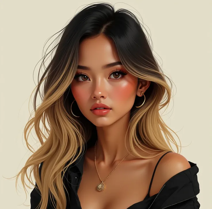 into the image, we see a woman of Vietnamese and American descent, with tanned skin, typical vietnamese. Her face is round and delicate, with a small, slightly rounded nose, that famous one "potato nose" that brings a sweetness to your look. His eyes are p...