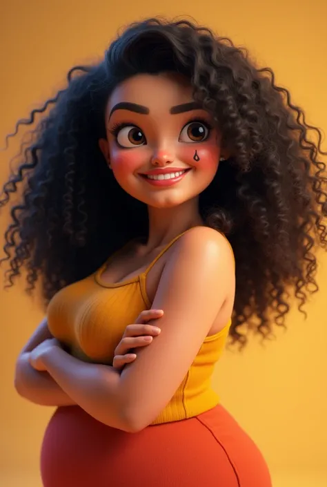 Brown fat woman dark curly hair to shoulder dark round eyes birthmark under mouth round face Pixar 3d curly hair 
