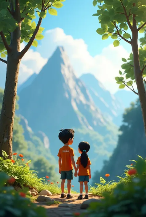 Craft an enchanting 4K 3D scene where a boy named "JAKIR," with the name printed on his shirt, and a gil named "SHAPLA" also with the name on her shirt, standing in back of Forest, enjoying the beautiful nature on the top of a mountain.