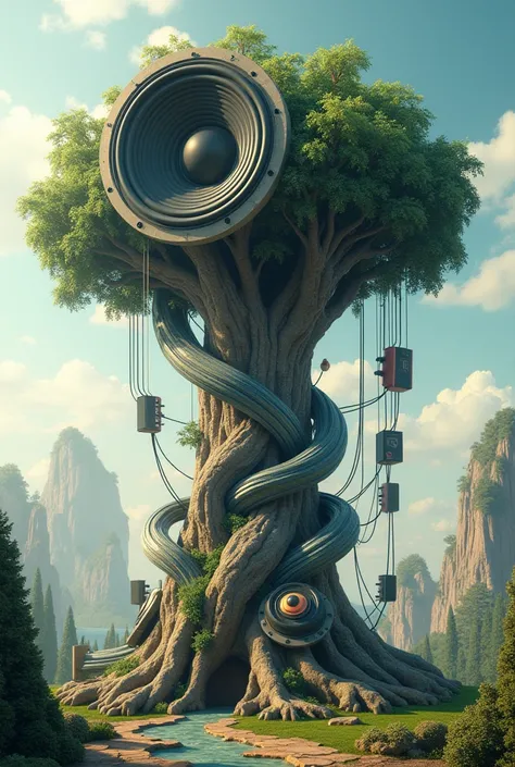 A creative tree featuring roots like coiled speaker cables, a solid stem shaped like a cylindrical speaker, and the top crowned with a gigantic speaker, surrounded by stylized sound waves cascading down.”