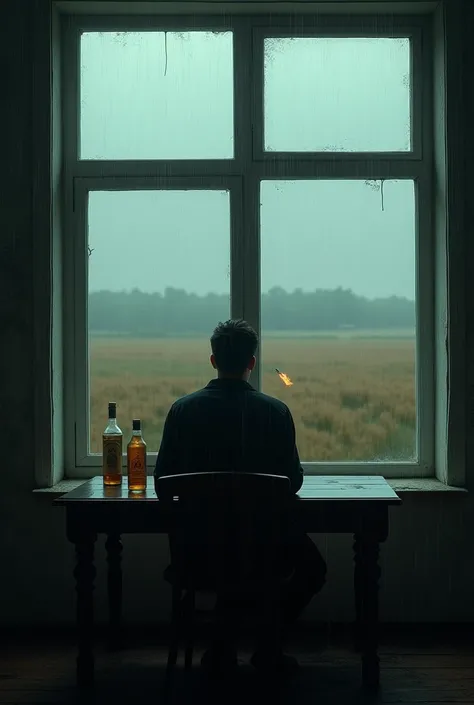 A wooden table, with a small bottle of vodka and a lit cigarette, in front of it a large window showing a Field with heavy rain, Poetic style  old-fashioned