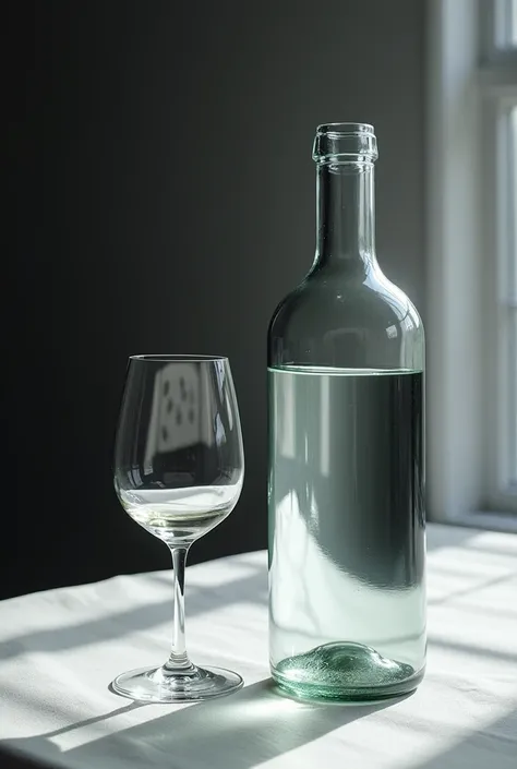 I want you to generate an image that contains a glass bottle that is larger than 20 cm and a glass wine glass that is less than 15 cm.. These objects must be placed on a flat surface., which will first be covered with a white sheet or cloth as a base. then...