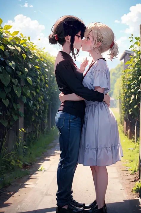 (masterpiece), 4K,{{{2 women}}}, Lesbian，shoes，,Random Hairstyles,kiss,((Lesbian kiss )),Shooting from afar,During farm work