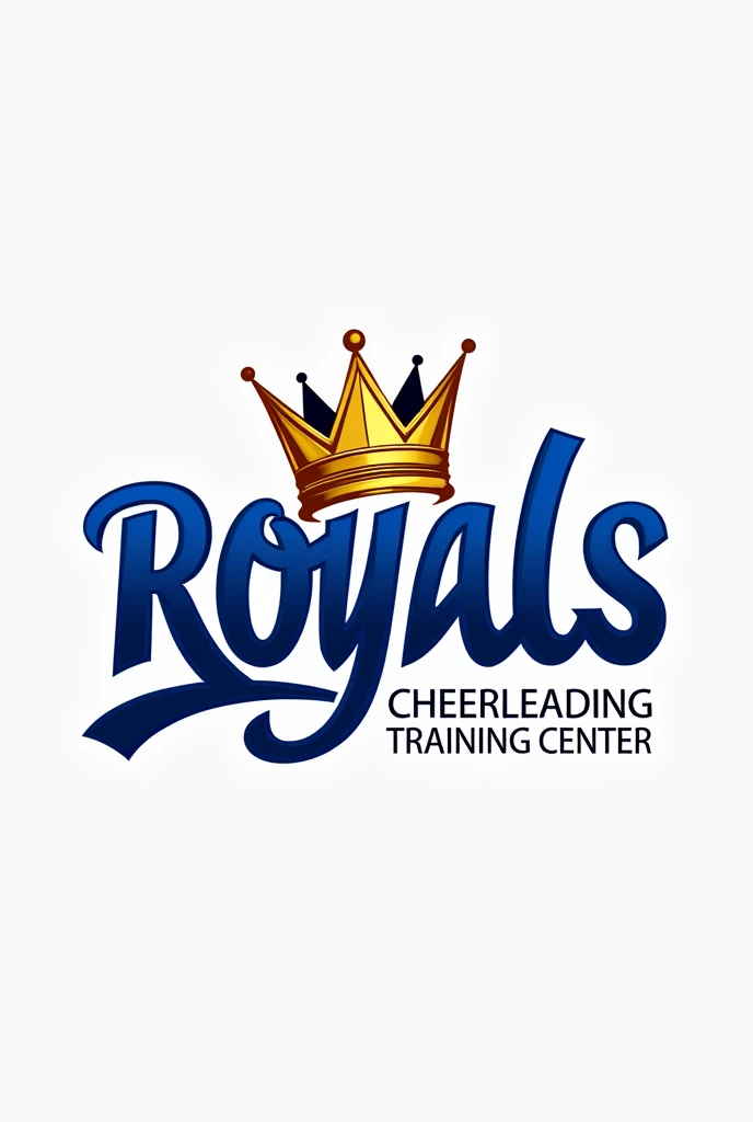 Un logo azul y dorado que diga Royals cheerleading training center y tenga una corona 