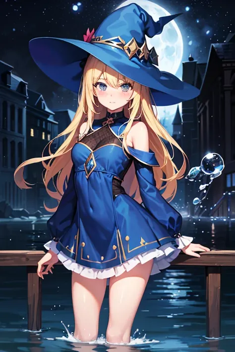 dark magieian girl, work of art, best qualityer, (1 girl), standing alone, (water), long hair, hair blonde, blue hat, wizard hat, sexy blue dress, magie, (moonlights:1.2), blush, looking ahead at viewer 