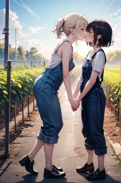 (masterpiece), 4K,{{{2 women}}}, Lesbian，shoes，,Random Hairstyles,kiss,((Lesbian kiss )),Shooting from afar,During farm work,Overalls,camisole