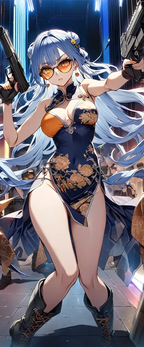 masterpiece、Highest quality、Ultra-high resolution、Maximum resolution、Very detailed、Professional Lighting、anime、Adult female、thin、so beautiful、、China dress、He has a gun、Holding a handgun in both hands、Yellow Eyes、Blue Hair、Long Wavy Hair、Earrings、Fingerless...