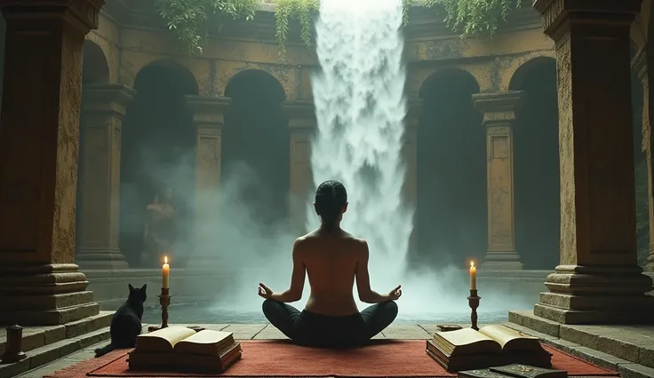 generate a person meditating in an ancient temple next to a table with books and an ancient candle with a cat and in front there is a waterfall