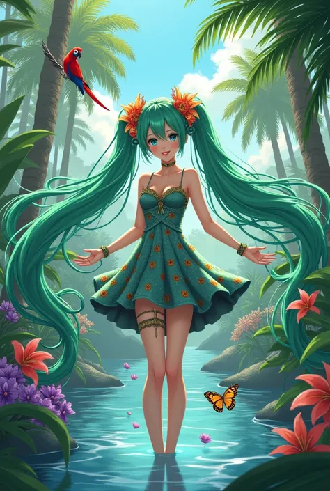 Anime art style, stunning masterpiece, Miku portrayed as a Brazilian Pantanal icon, captivating emerald green hair with floral accents, elegant outfit melding traditional Brazilian patterns with her distinctive style, surrounded by a vibrant landscape teem...