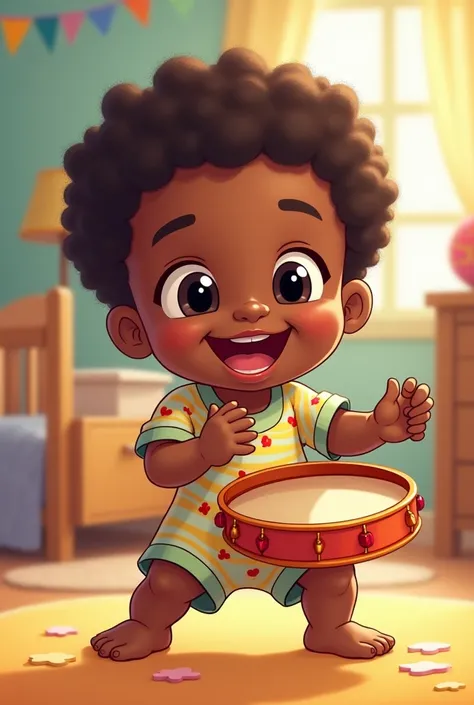 Black baby playing tambourine cartoon
