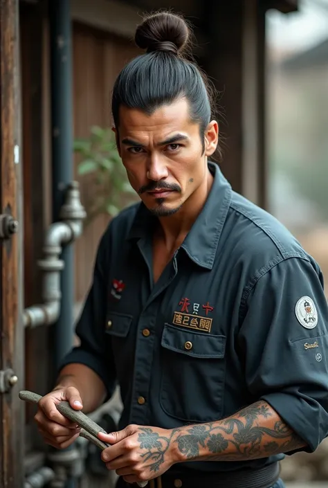 PLUMBER WITH SAMURAI HAIRCUT LIKE JOHNNY DEPP, NO TATTOOS JAPANESE DESIGN
