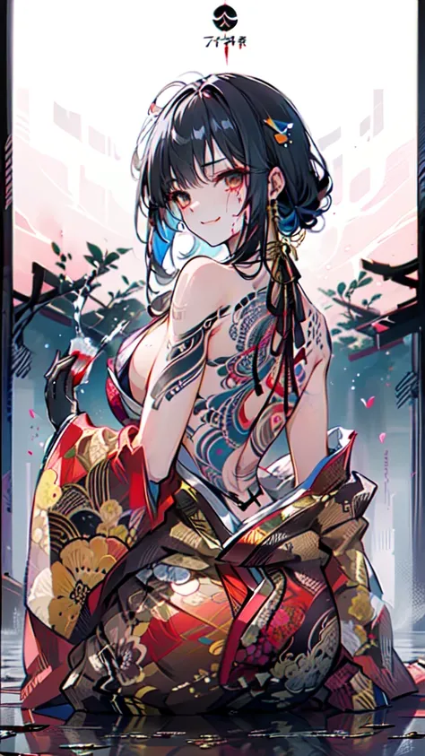 ((Japanese Gangster BOSS)), (((adult ogre with the dignified presence))), (((Killing Qi))), wear nothing around shoulder, wear nothing around neck, wear the kimono, wear it below the waist, I wind it up to control it, and to attach it,  ((kimono come off))...