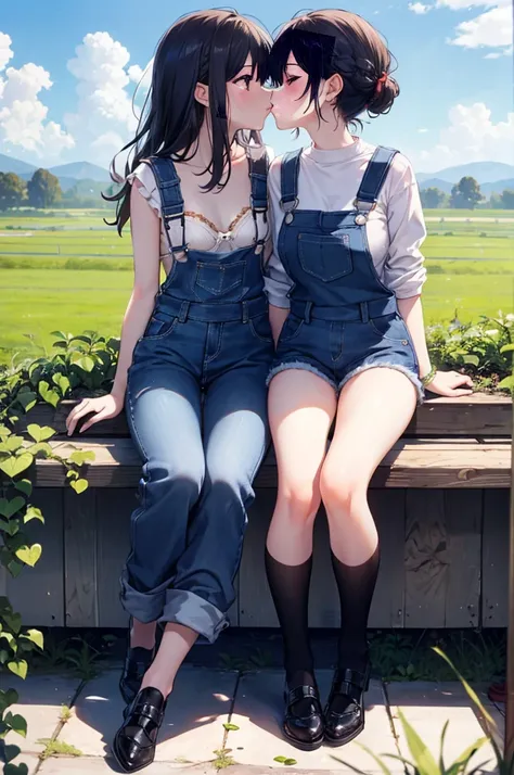 (masterpiece), 4K,{{{2 women}}}, Lesbian，shoes，,Random Hairstyles,kiss,((Lesbian kiss )),Shooting from afar,During farm work,Overalls,bra