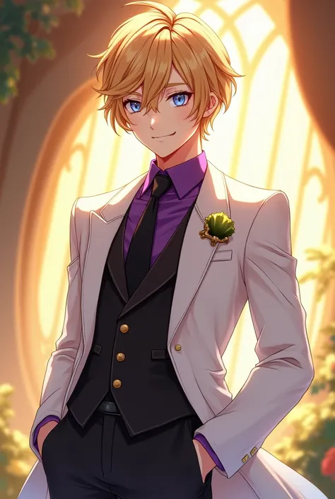 Anime art style illustration, captivating portrayal of League of Legends debonair Ezreal, elegantly dressed in a gleaming white suit fitted impeccably to highlight his refined stature, complemented by pristine white gloves enhancing the luxurious look, a r...