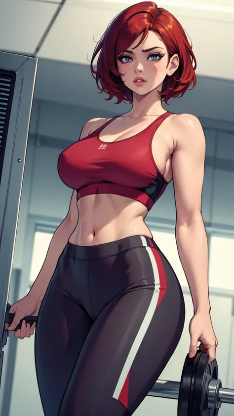 beautiful redhead woman with short hair, curves, dressed in sexy gym clothes, (best quality, 4k, 8k, high resolution, masterpiece: 1.2), ultra detailed, (realistic, photorealistic, photorealistic: 1.37), highly detailed face, beautiful eyes, full lips, sha...