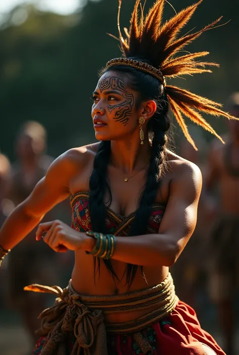 a Maori woman performing a haka,strong and powerful expression,detailed indigenous facial tattoo,traditional costume,flowing movement,intense expression,dramatic lighting,photorealistic,masterpiece,ultra-detailed,vibrant colors,cinematic composition,emotio...