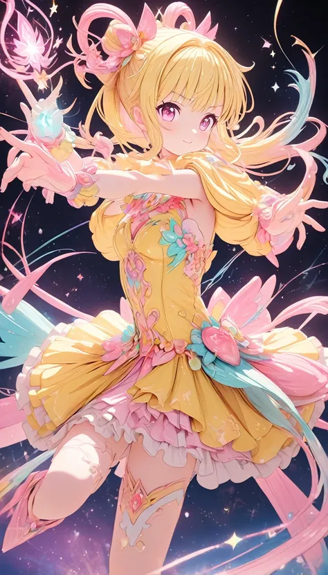 Anime, Illustration, Magical Girl,, Magical Girl Yellow Costume: Detail, Magic Effect, Light, Very Light, Artistic, Artist, Color Art, Use of Magic, Fancy, Fantasy, Cute, Very Cute, Masterpiece, Masterpiece, 3D, 8K, sparkling, rich colors, pastel colors, c...