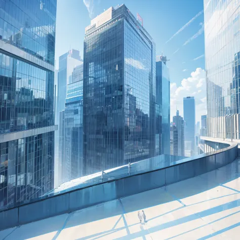 landscape, no human, looking down glass walled skyscrapers, bluesky, sunshine. morning