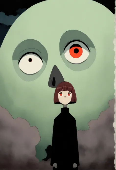 painting of a person standing in front of a red eye, yume nikki, animated film still, still from animated horror movie, inspired by Junji Ito, animation film still, one eye red, red-eyes, visible pupils, inspired by Gertrude Abercrombie, junji ito artwork,...